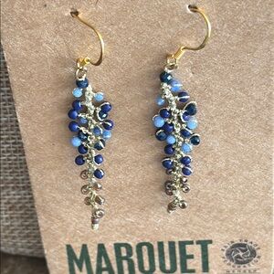 Gold and Blue Dangle Earrings artisan lapis beaded woven pierced earrings